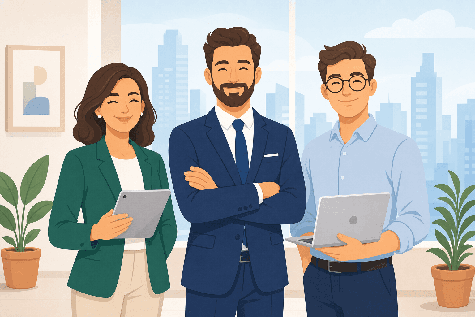 Three professionals working together with growth charts