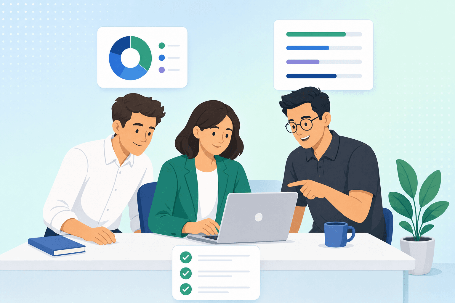 Three professionals collaborating at a laptop with floating dashboard cards