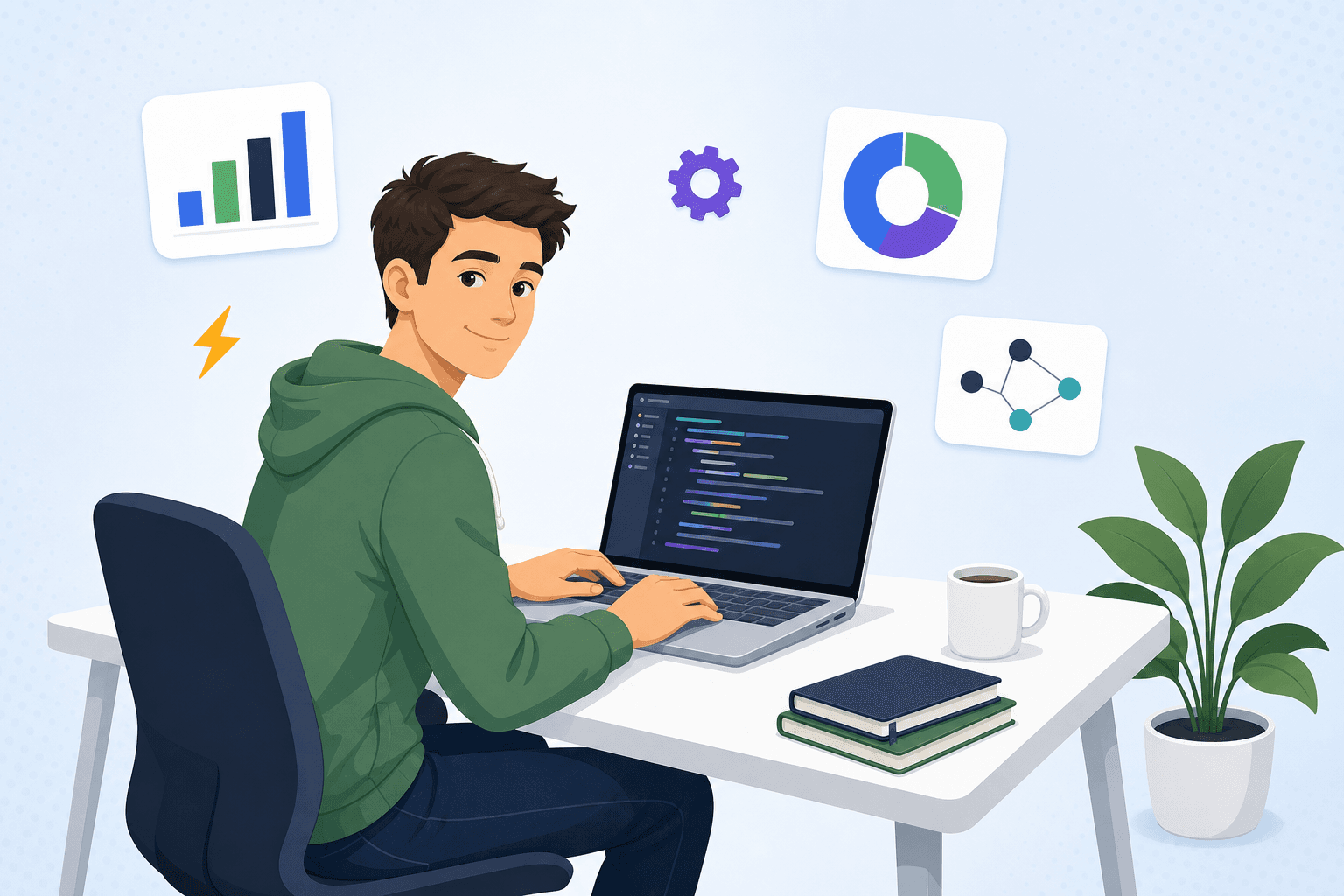 Software engineer at a laptop with floating system and data cards